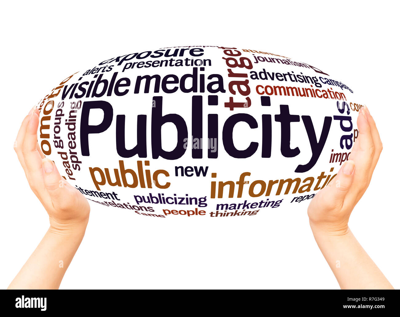 Publicity word cloud hand sphere concept on white background. Stock Photo