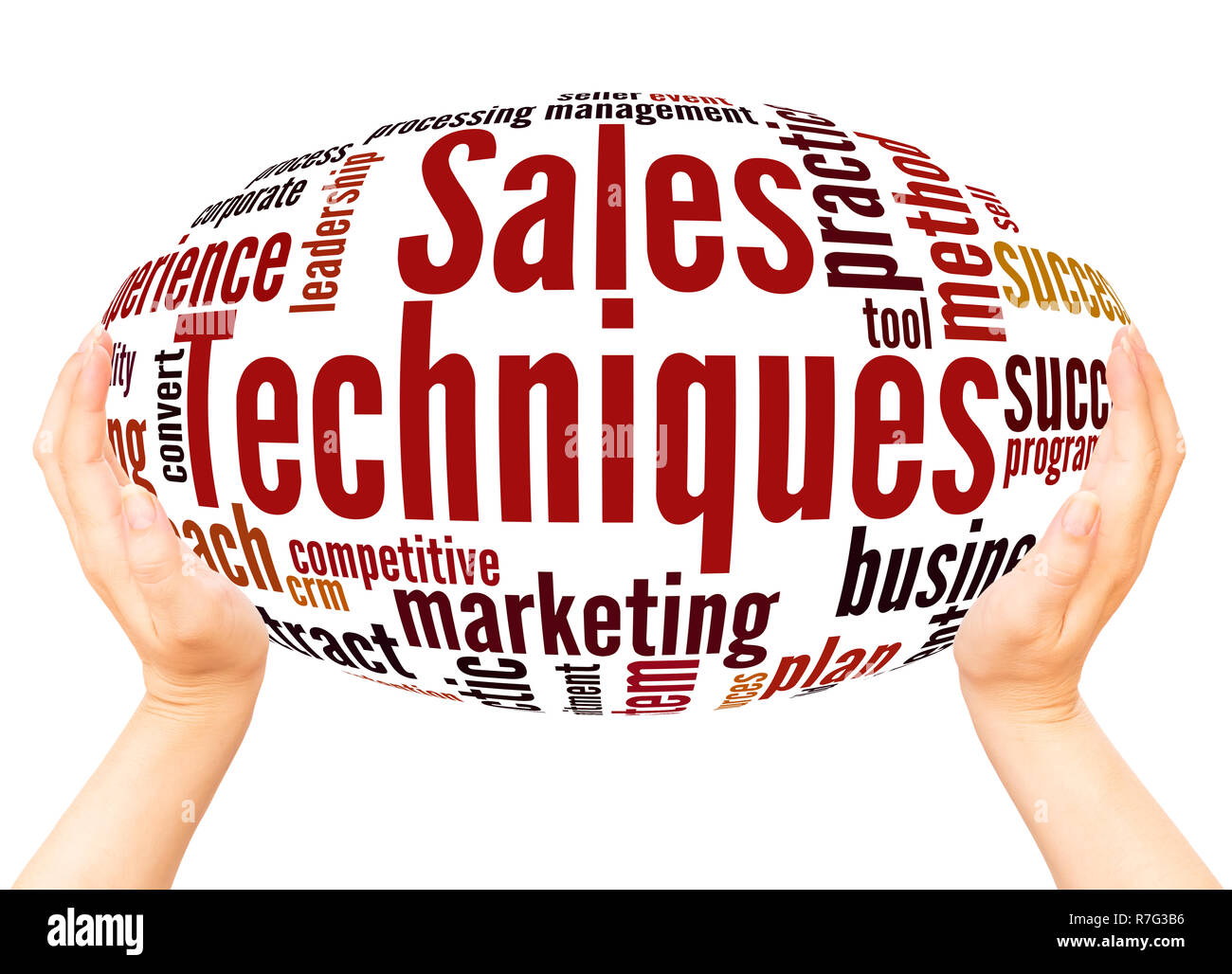 Sales Techniques word cloud hand sphere concept on white background. Stock Photo