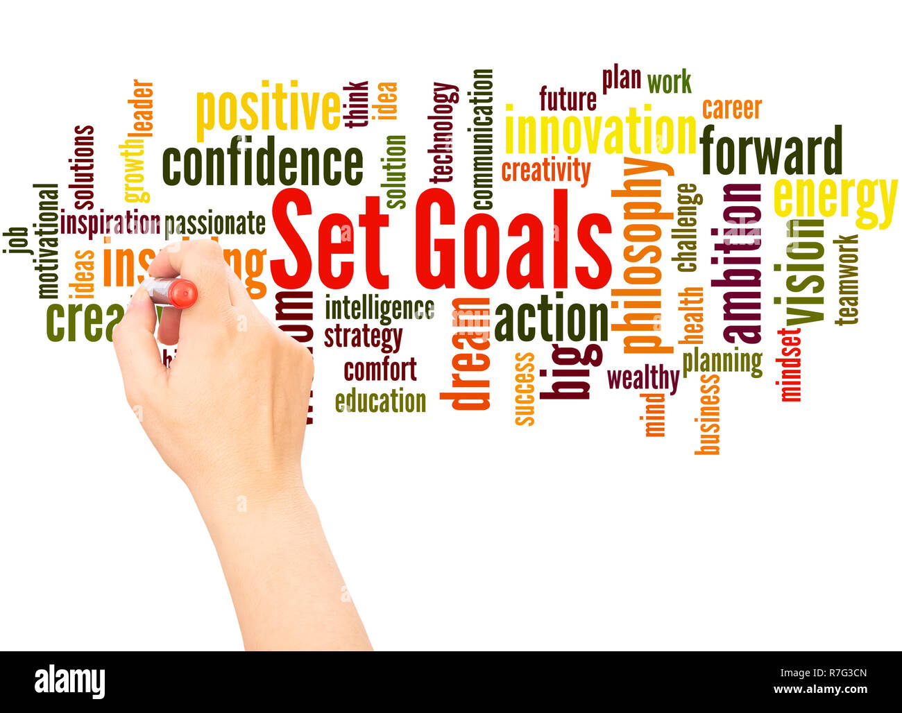Set Goals word cloud hand writing concept on white background Stock