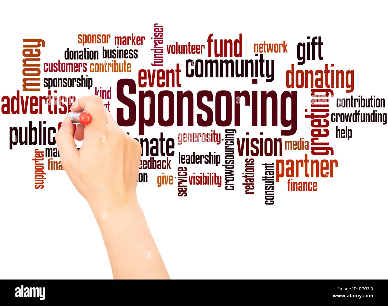 Sponsoring word cloud hand writing concept on white background. Stock Photo
