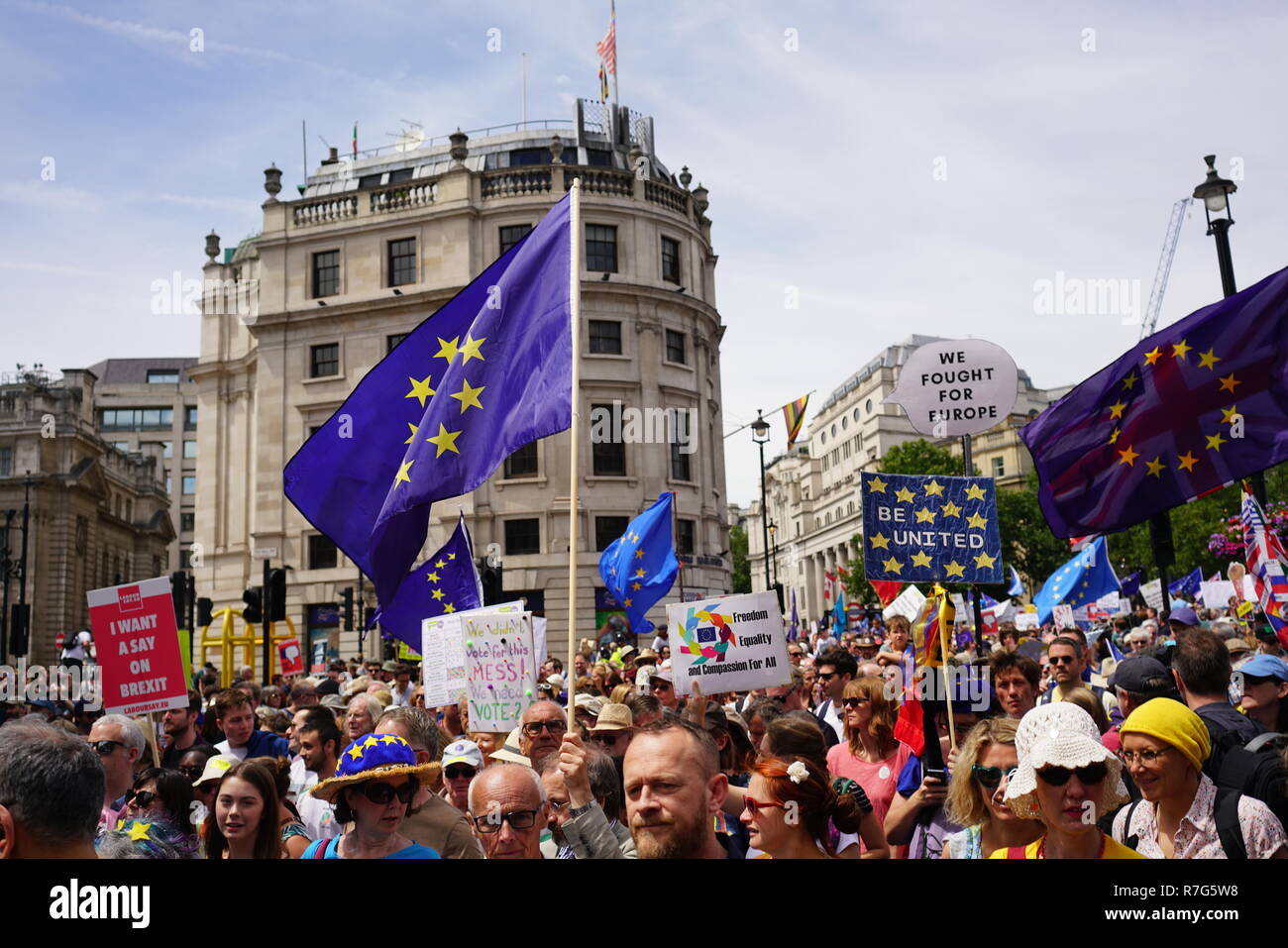 In June 2018 hundreds of thousands of people turned up to the Peoples Vote march in London  to voice their opinion on Brexit. Stock Photo