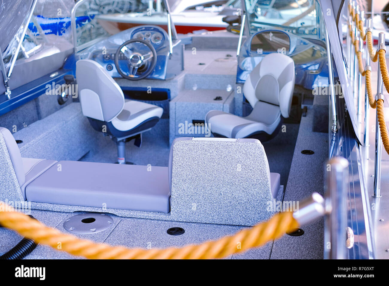 The cabin of the boat with an easy chair. Boat cabin with all