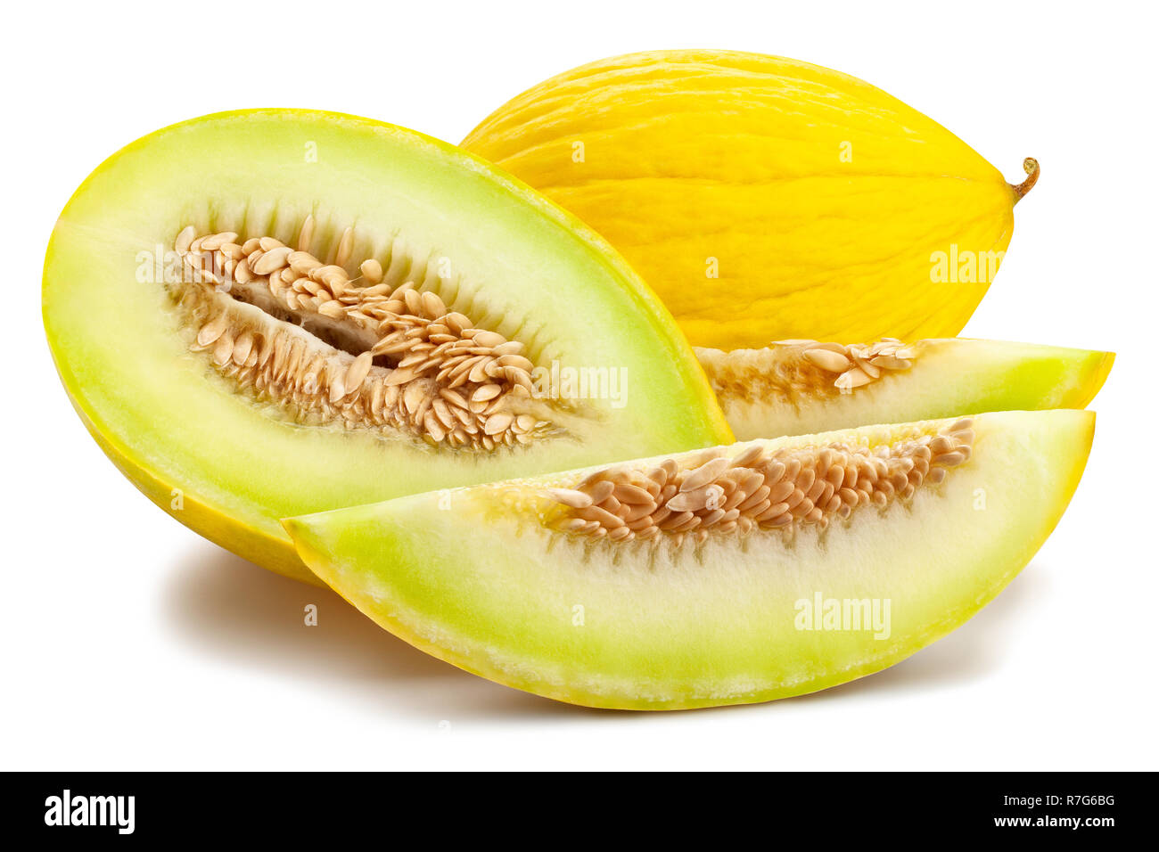 sliced yellow honeydew melon path isolated Stock Photo Alamy