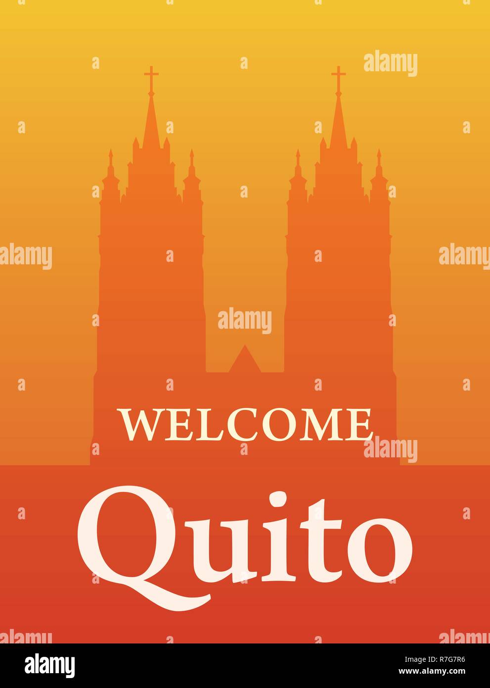 Basilica of the National Vow, Silhouette of Cathedral Towers in Quito, Ecuador - welcome invite banner orange color. Stock Vector