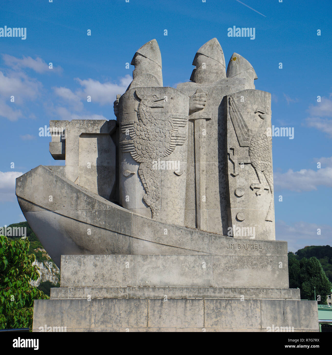 Statues of Jean-Marie Baumel, on the right bank of the Boieledieu bridge in  Rouen in Seine-Maritime, France, Normandy Stock Photo - Alamy