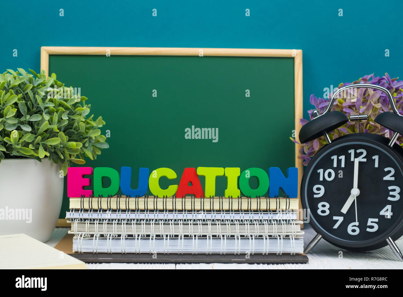 Back to school concept idea, Education text and green chalkboard with ...