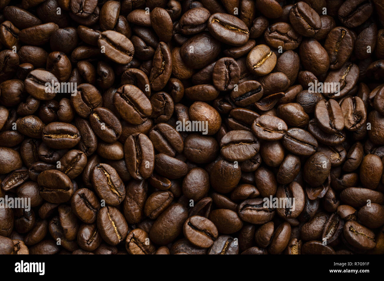 Darkly lit roasted coffee beans, piled together and filling frame to create a background texture in multiple shades of brown and gold. Stock Photo