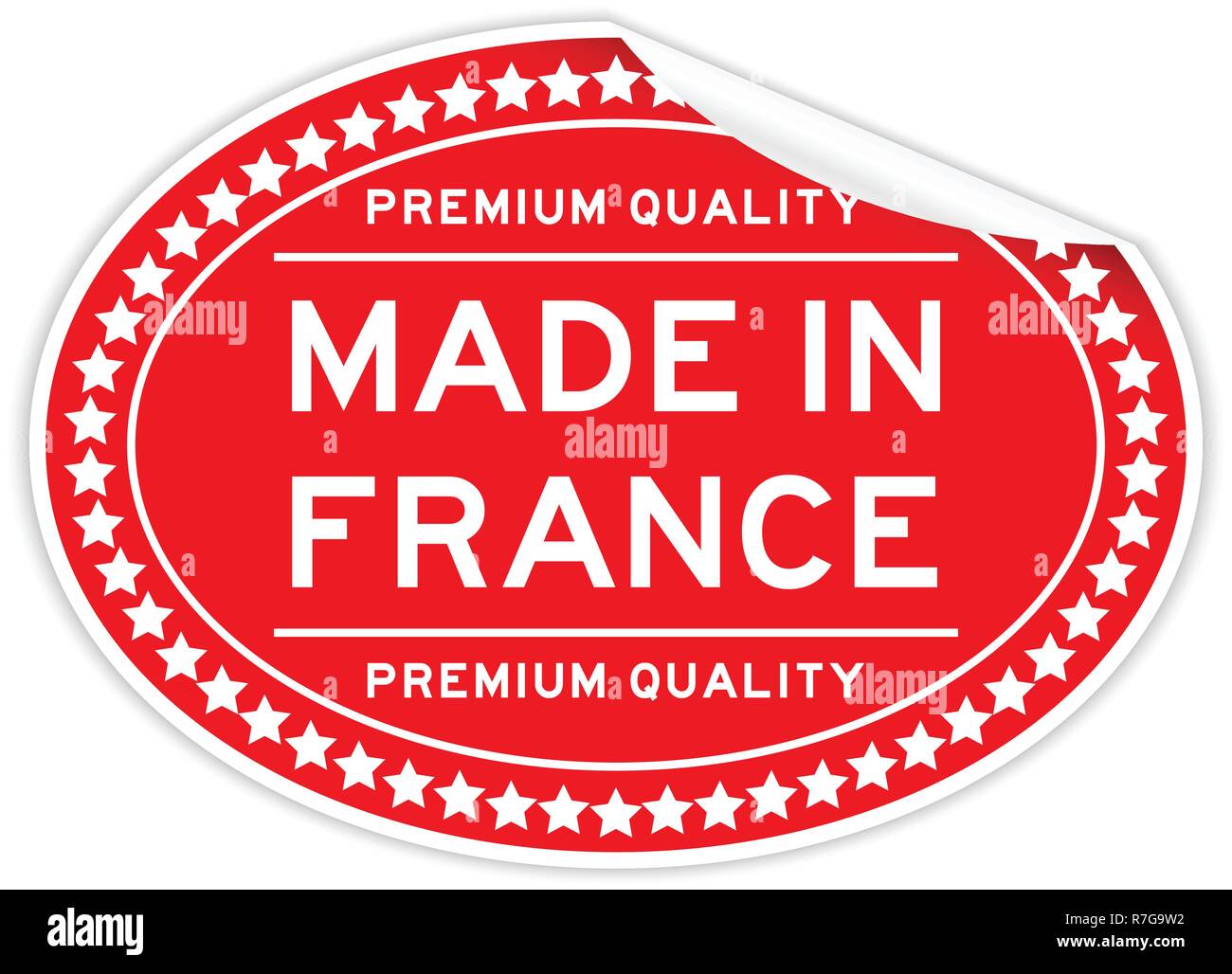 Peel off premium quality made in France word red color oval sticker on white background Stock Vector