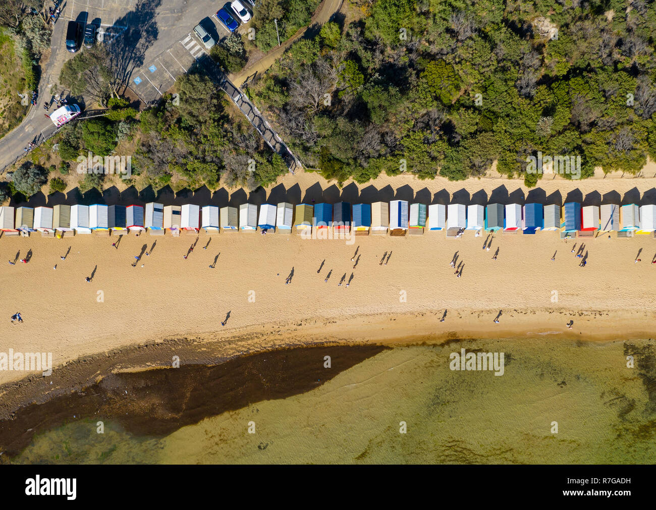 Aerial top down view of Brighton Bathing Boxes in Melbourne Stock Photo