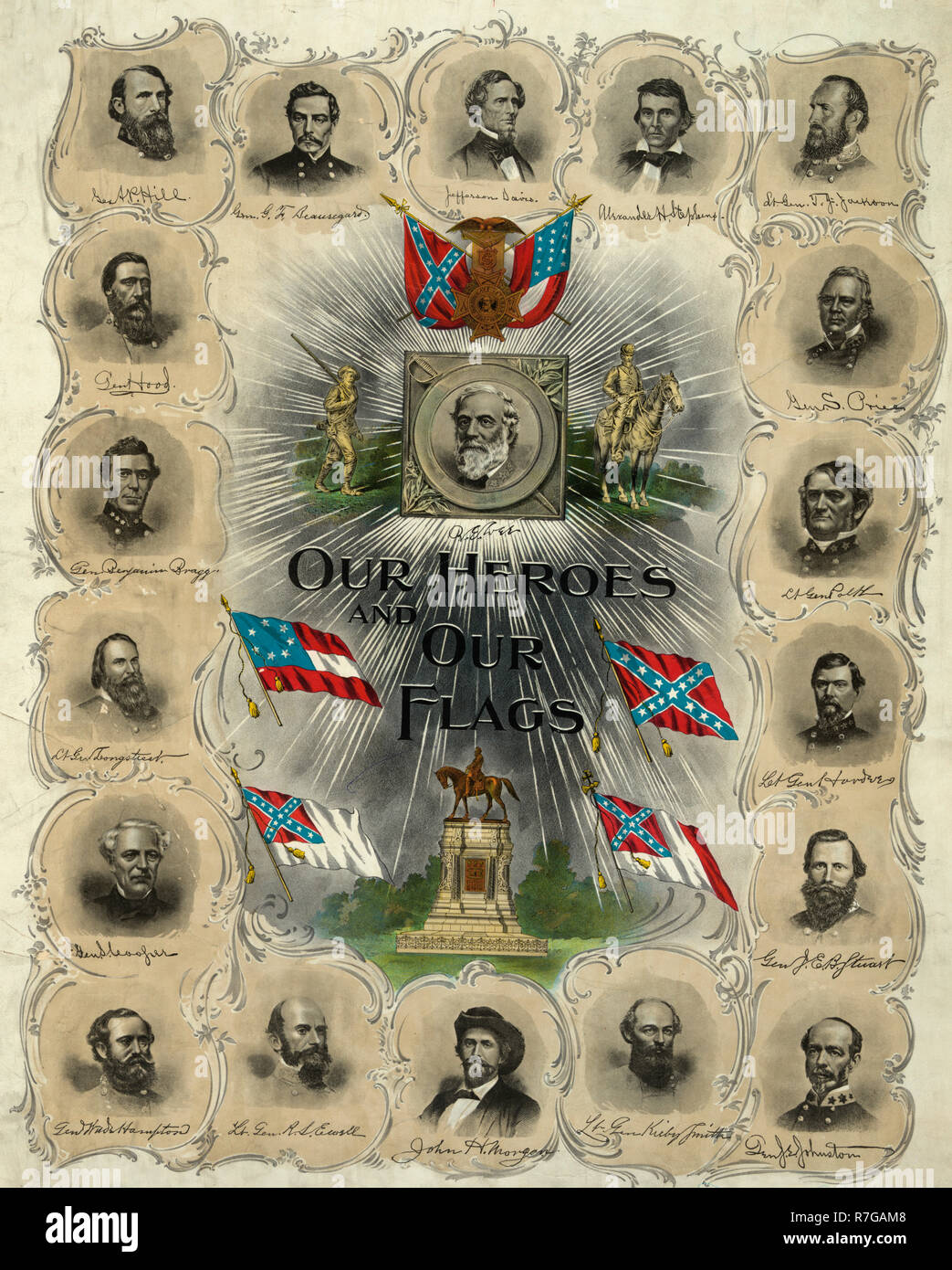 Our Heroes and Our Flags - Memorial print for the Confederacy, published 30 years after the end of the American Civil War. Portraits, clockwise from top center, of 'Jefferson Davis, Alexander H. Stephens, Lt. Gen. T.J. Stonewall Jackson, Gen. S. Price, Lt. Gen. Polk, Lt. Gen. Hardee, Gen J.E.B. Stuart, Gen. J.E. Johnston, Lt. Gen. Kirby Smith, John H. Morgan, Lt. Gen. R.S. Ewell, Gen. Wade Hampton, Gen. S. Cooper, Lt. Gen. Longstreet, Gen. Benjamin  Braxtonn Bragg, Gen. Hood, Gen. A.P. Hill, and Gen. P. T. Beauregard,' surround the central image of Robert E. Lee, an equestrian statue, and four Stock Photo