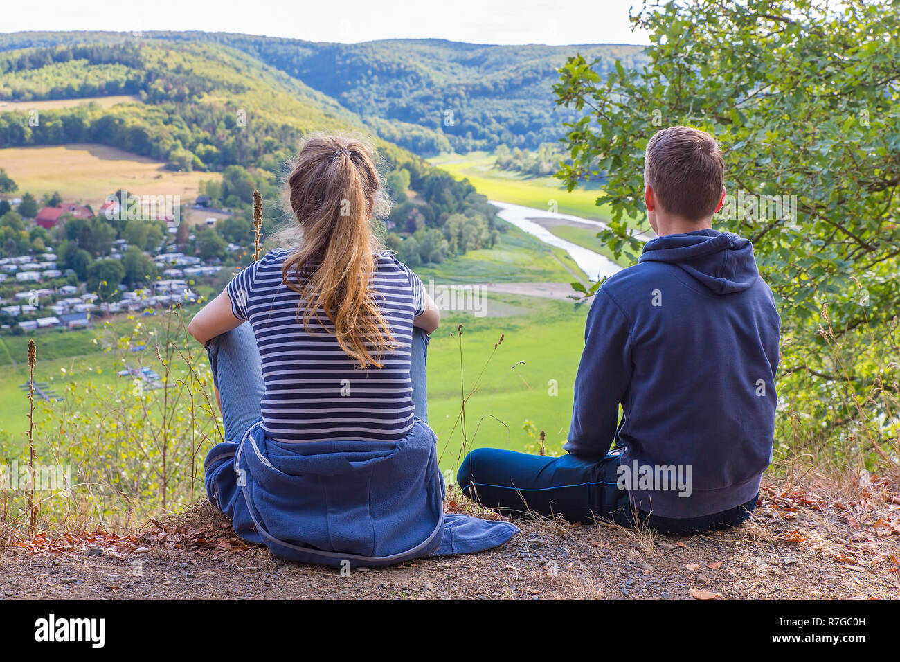 Mother and son viewing dry Edersee in german landscape Stock Photo