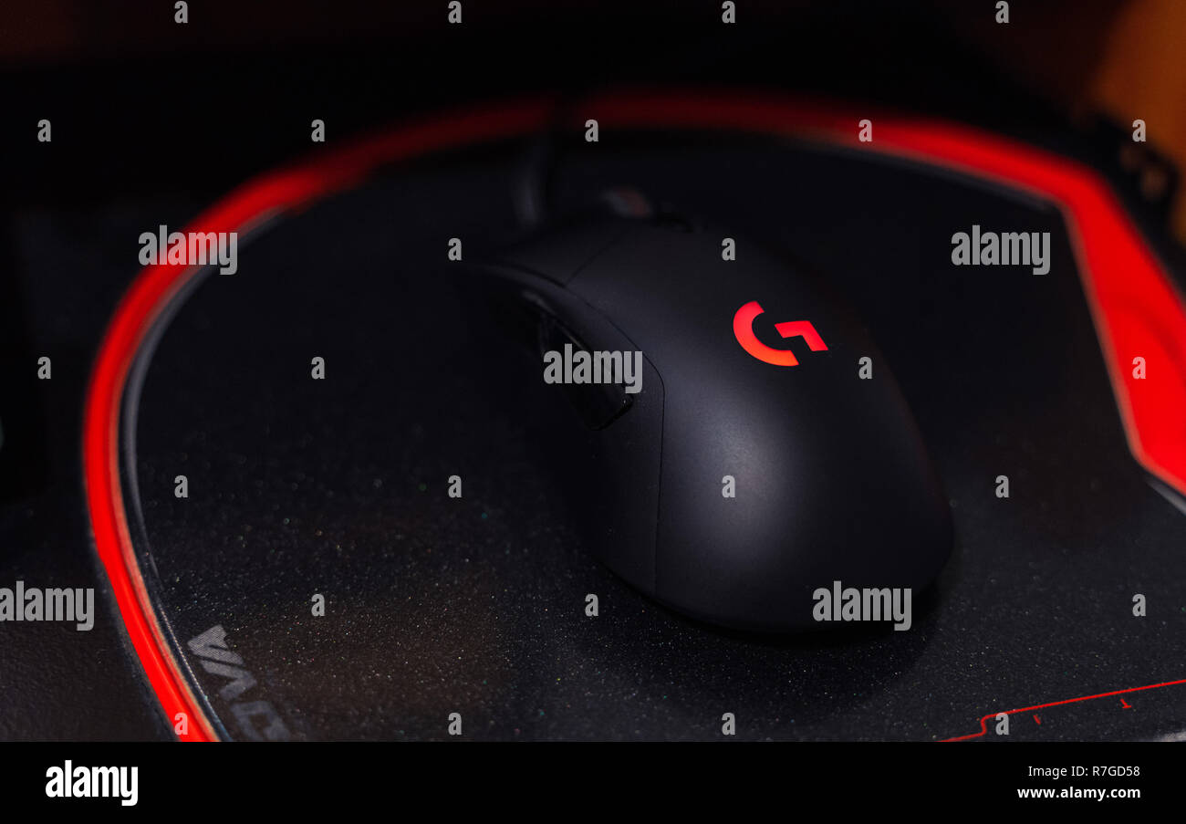 Valencia, Spain- 09 December,2018: Famous gaming mouse Logitech G403 with  red logo, on Nova mouse pad Stock Photo - Alamy