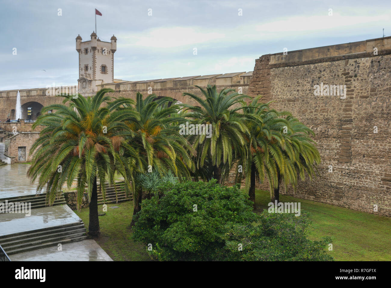 Puerta de Tierra is a fortress in Cadiz. Landmark of the 16th century on the Atlantic coast of Andalusia in Spain. Stock Photo