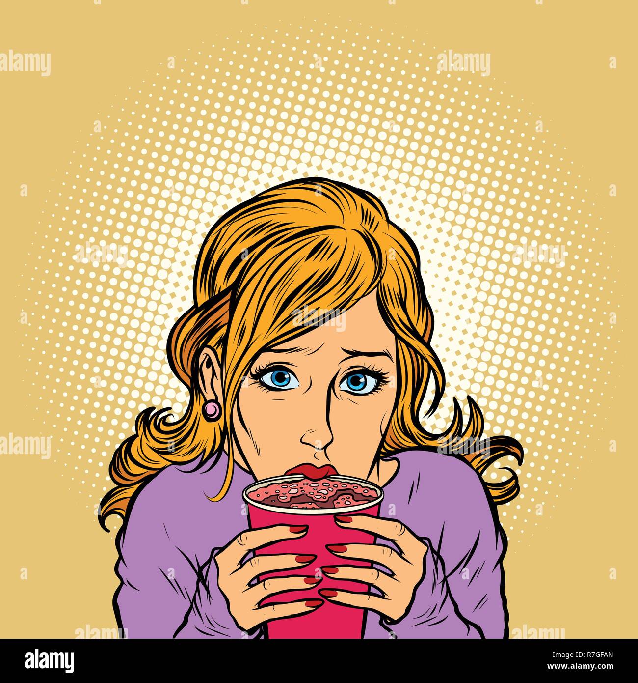young woman paper cup hot coffee. Comic cartoon pop art retro vector illustration drawing Stock Vector