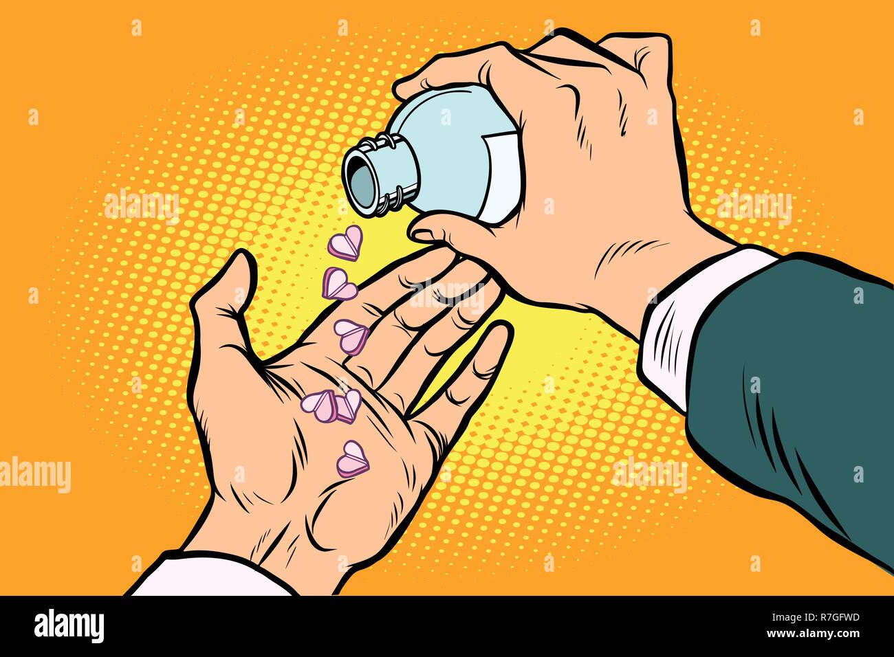 man hand pours out pills hearts. Comic cartoon pop art retro vector illustration drawing Stock Vector