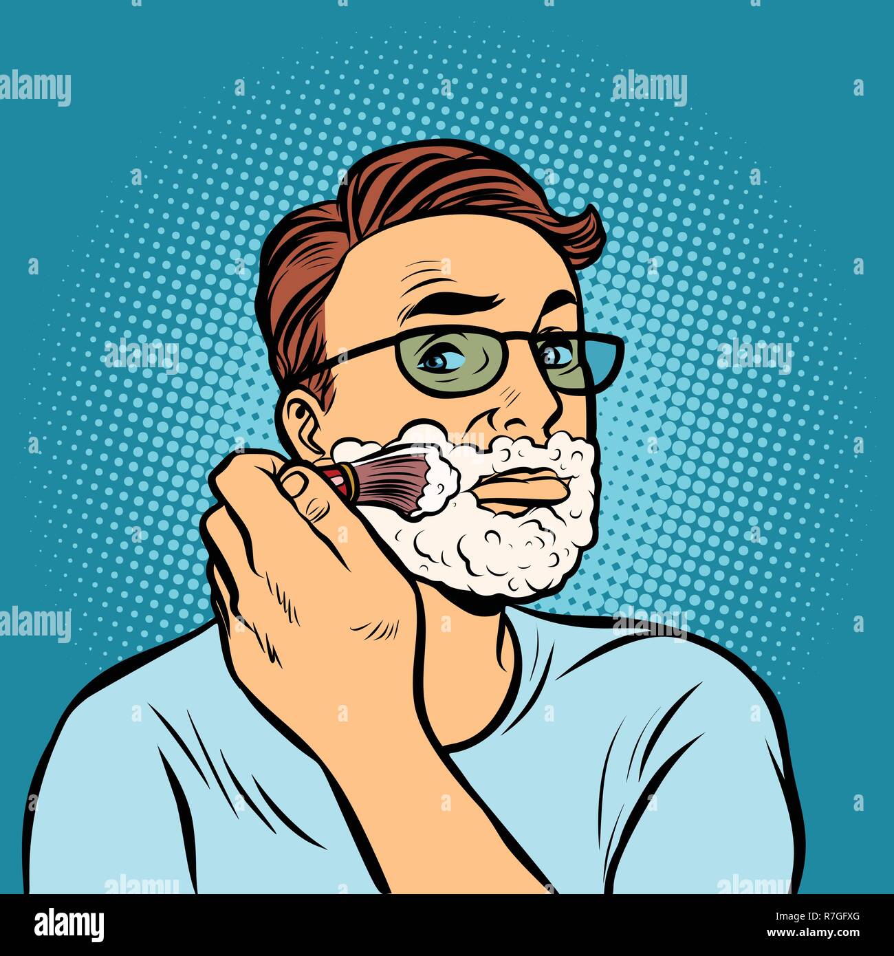 man shaving brush, hygiene, morning in the bathroom. Comic cartoon pop art retro vector illustration drawing Stock Vector