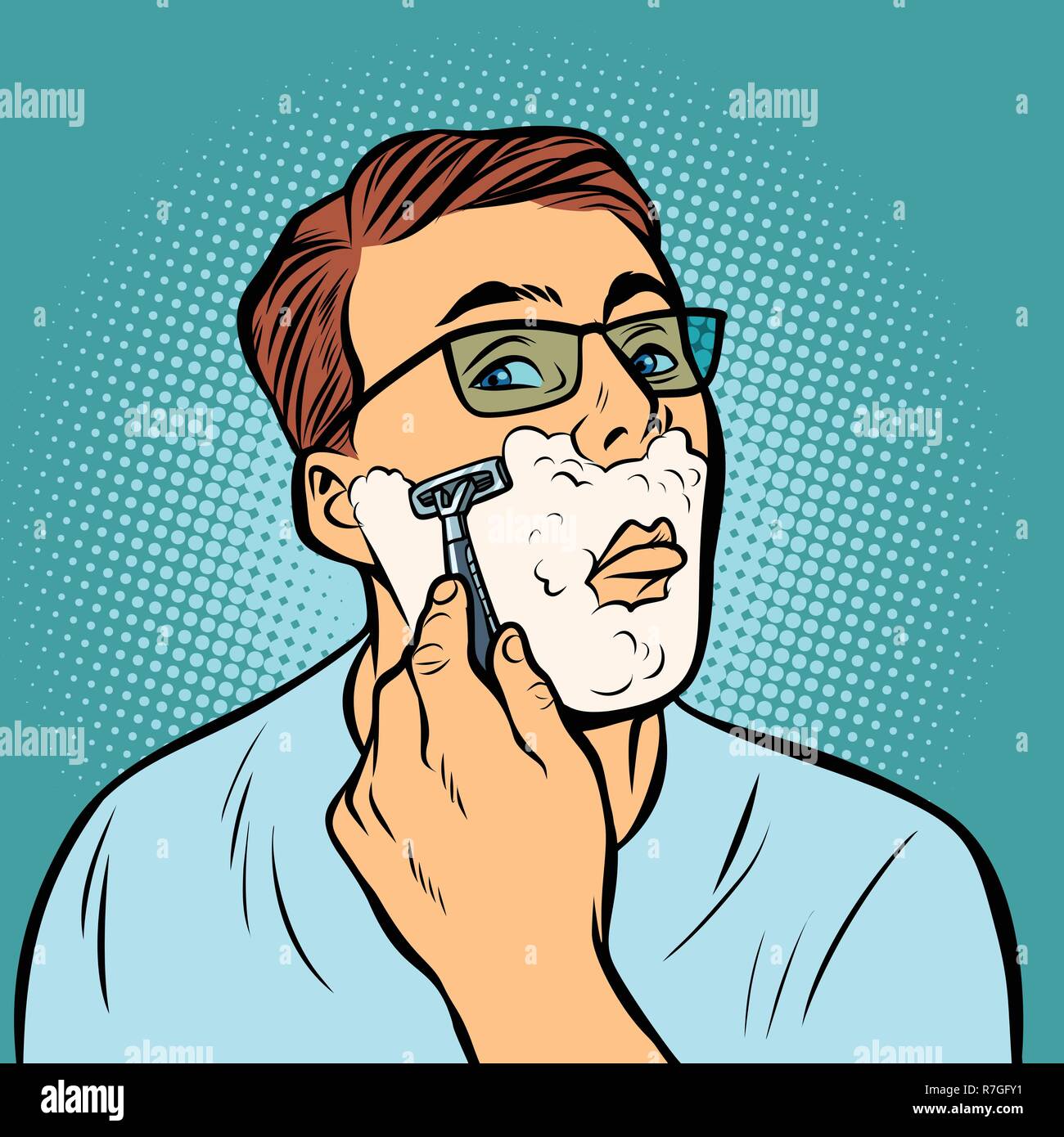 man shaving razors. Comic cartoon pop art retro vector illustration drawing Stock Vector