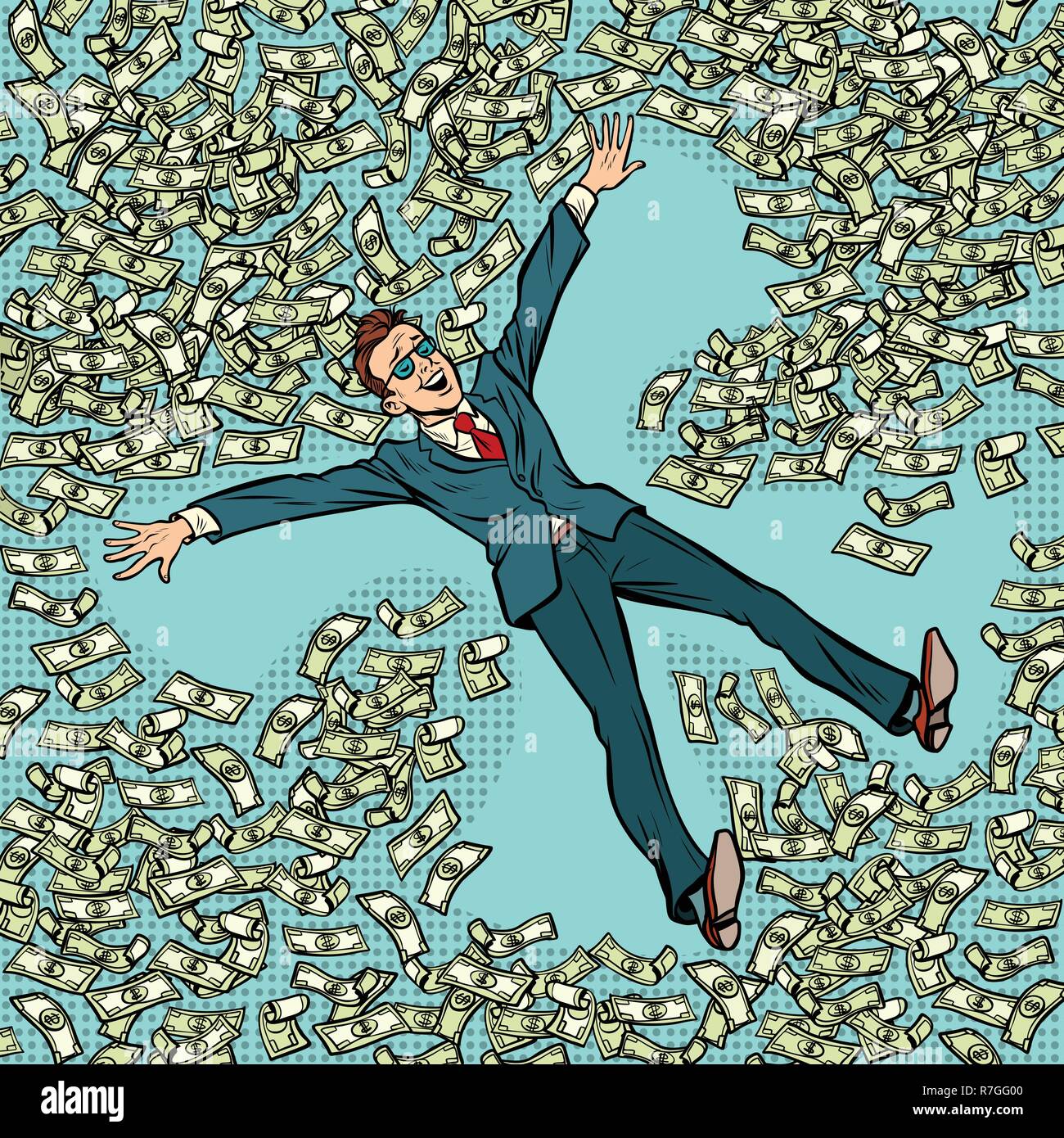 businessman making snow angel money dollars a lot. Comic cartoon pop art retro vector illustration drawing Stock Vector