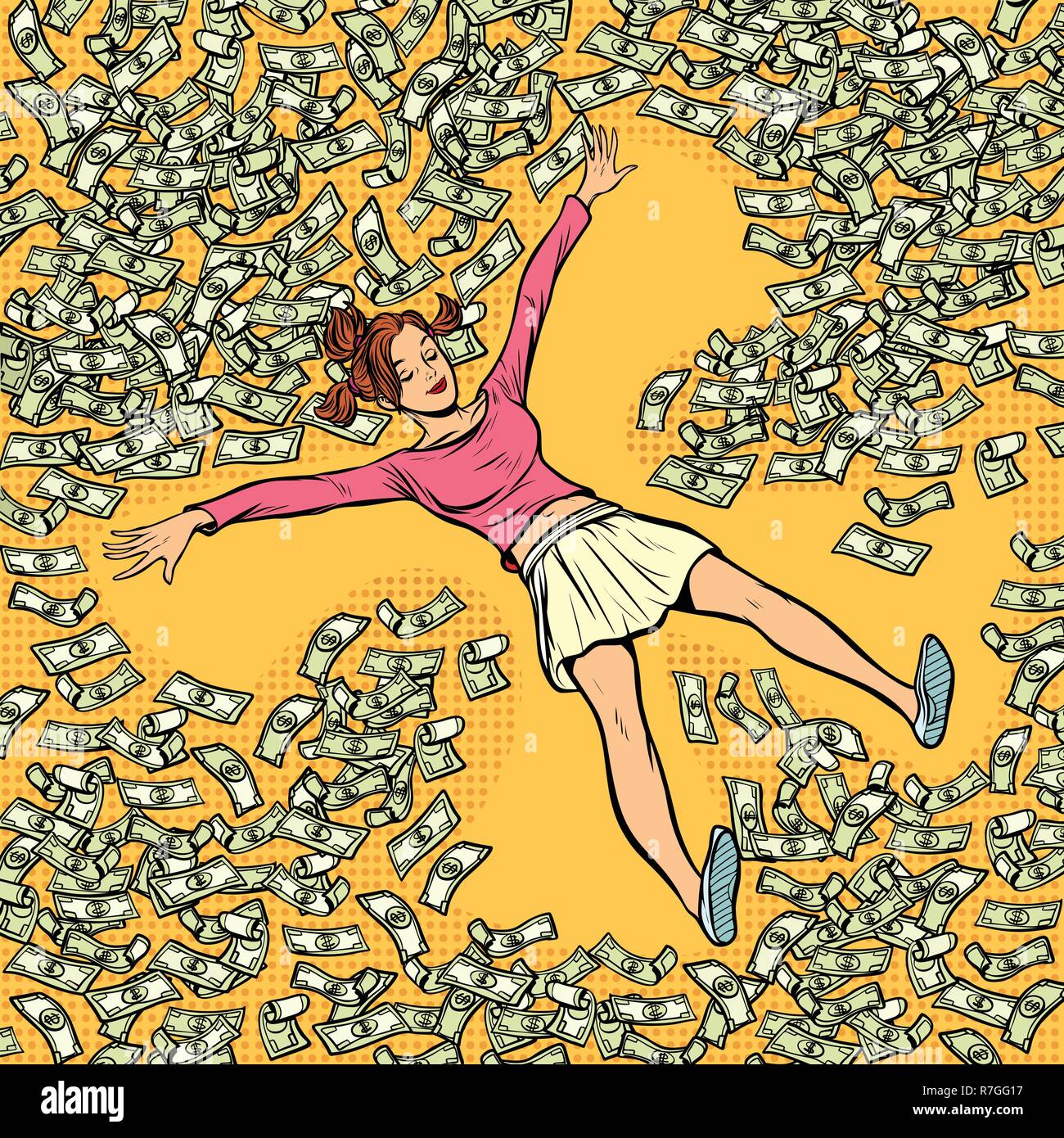 young girl makes snow angel money dollars a lot. Comic cartoon pop art retro vector illustration drawing Stock Vector