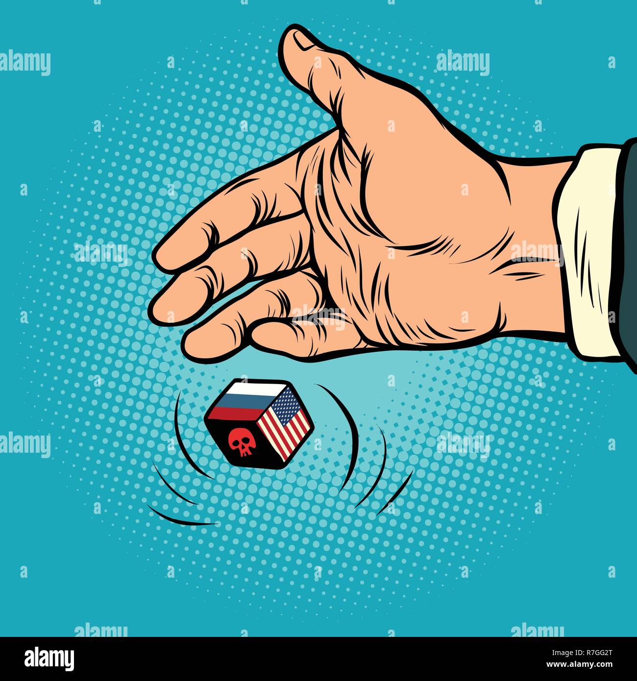 Politics russia and usa confrontation. hand throws dice. Comic cartoon pop art retro vector illustration drawing Stock Vector