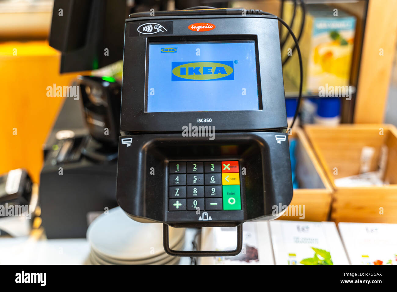 Valencia,Spain - December 09, 2018: Ikea store lot in Alfafar, Valencia.  Credit card paymenet terminal (POS Machine) with Ikea name on the screen.  Co Stock Photo - Alamy