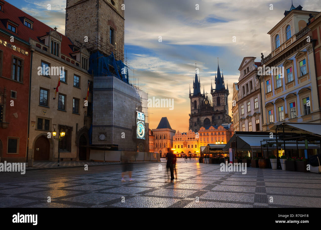 Prague Old Town square illuminated in early morning Stock Photo
