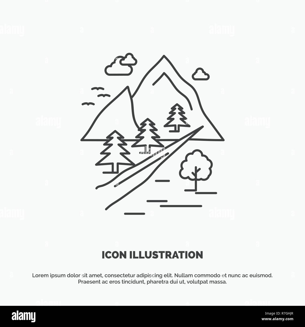 rocks, tree, hill, mountain, nature Icon. Line vector gray symbol for UI and UX, website or mobile application Stock Vector