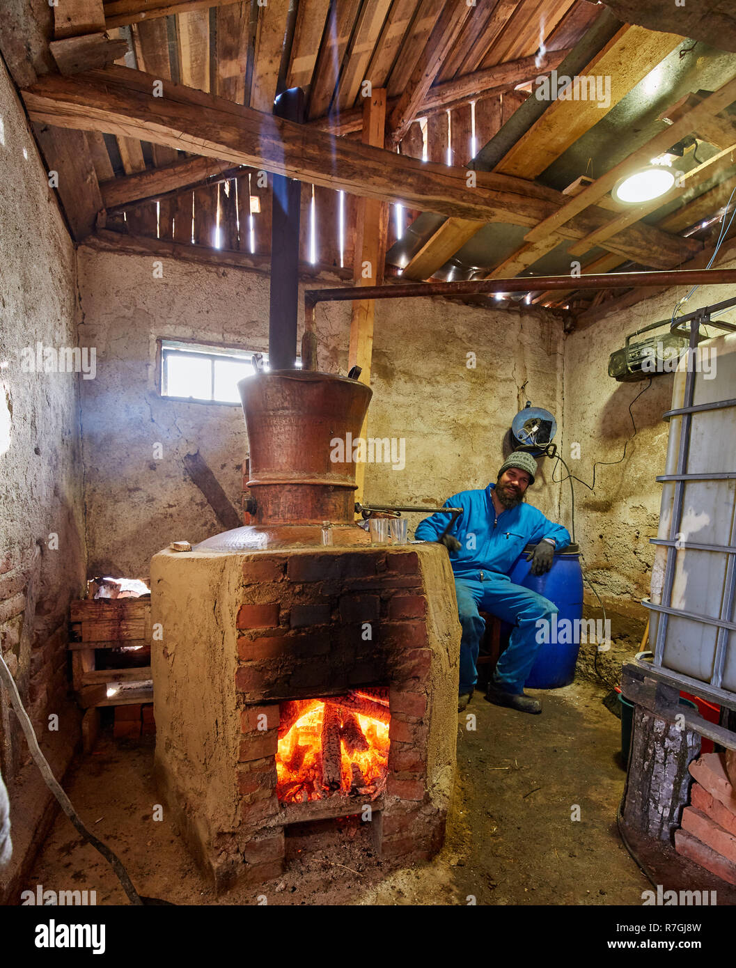 Man preparing plum brandy through boiling and condensation of fruits