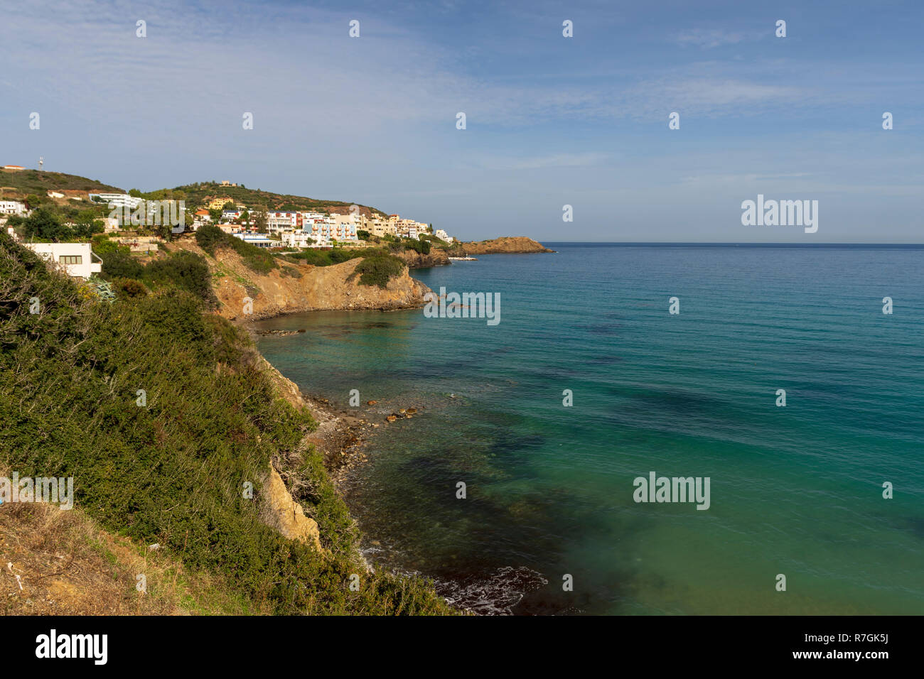 View to the Nortwest over the Bali area in Rethymno on Crete Island with steep beaches and turquoise calm water. Stock Photo