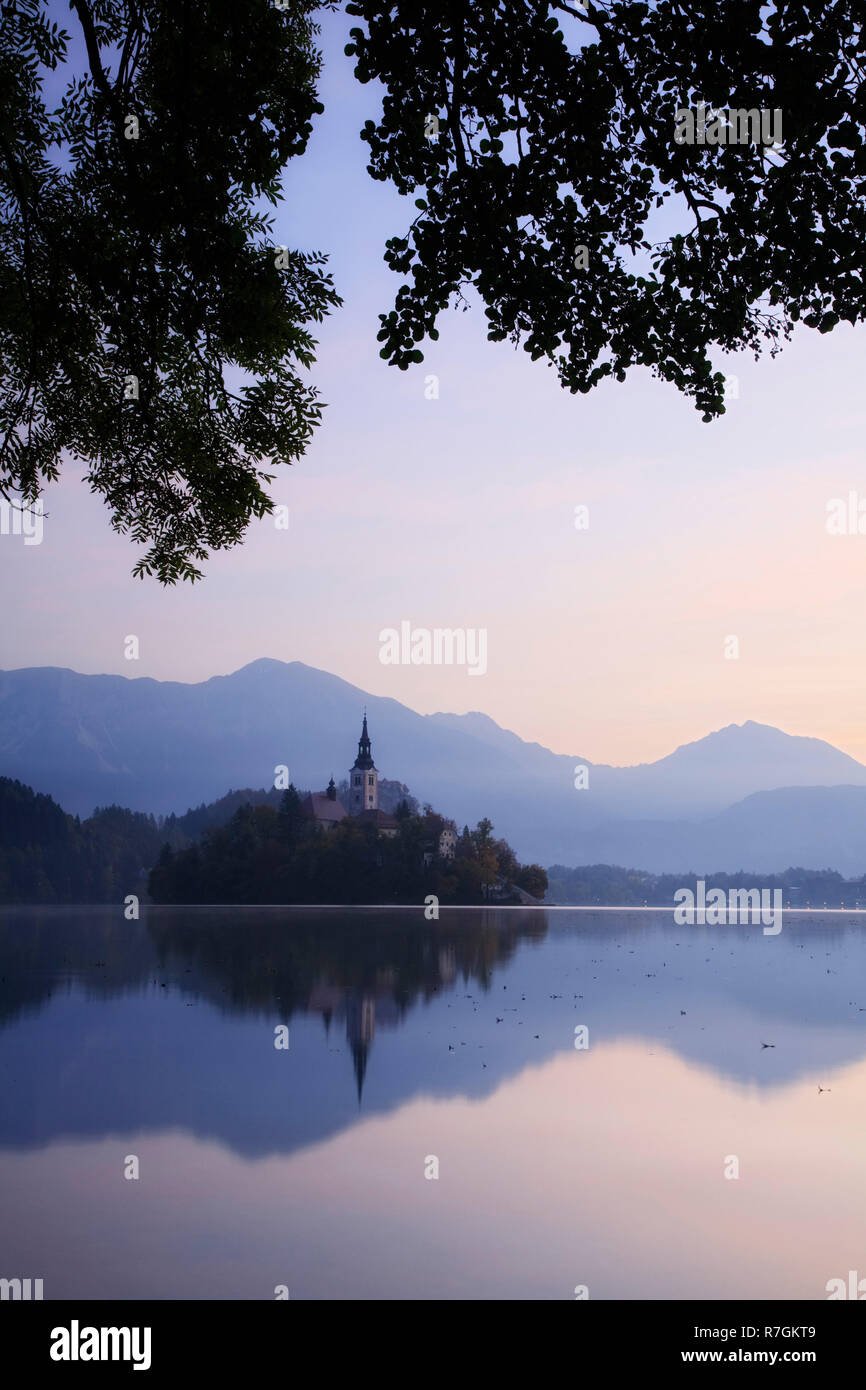 Lake Bled and Bled Island with the Assumption of Mary's Pilgrimage Church at dawn, Bled, Julian Alps, Gorenjska, Slovenia Stock Photo