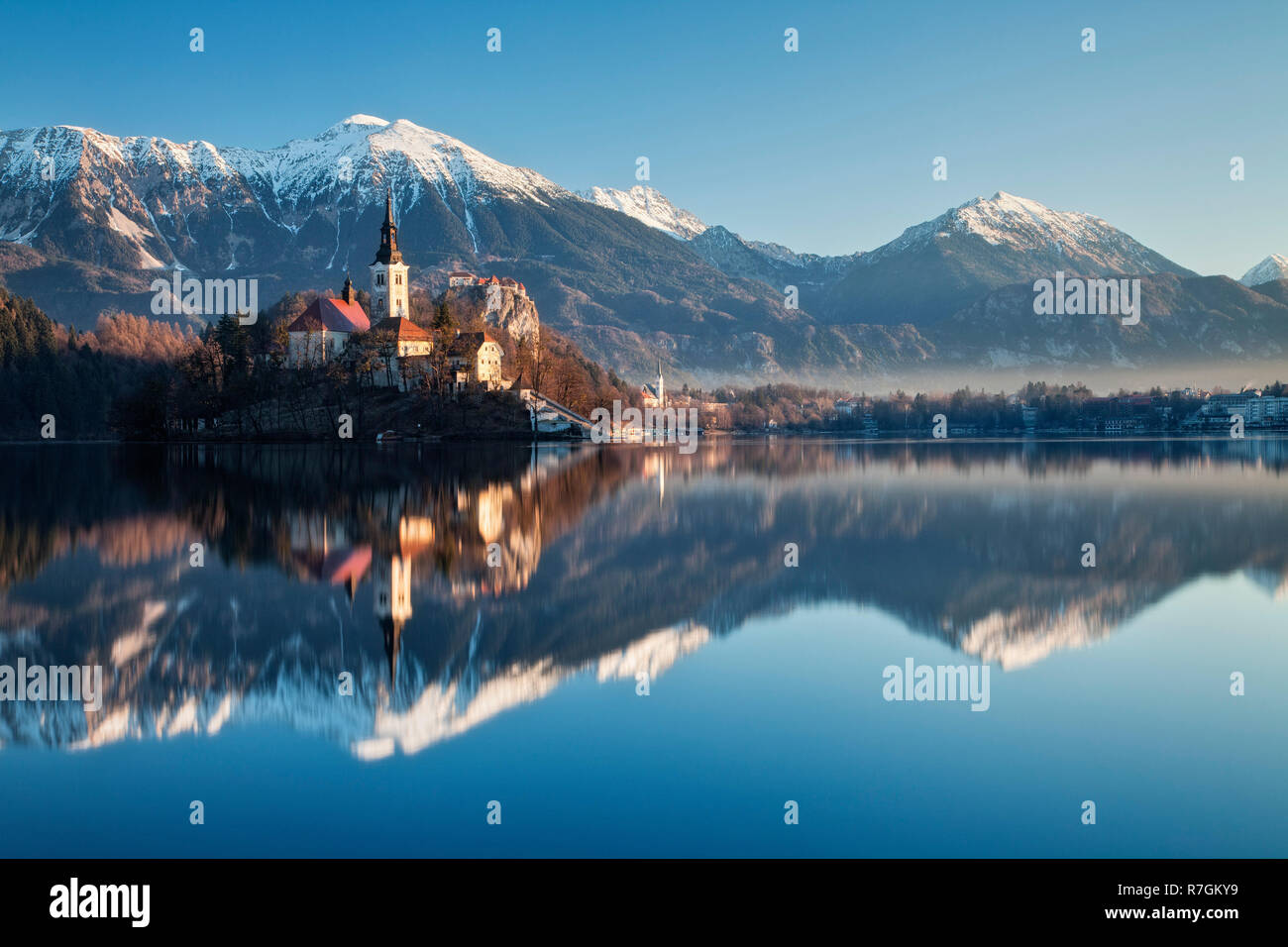 Lake Bled and Bled Island with the Assumption of Mary's Pilgrimage Church at dawn, Bled, Julian Alps, Gorenjska, Slovenia Stock Photo