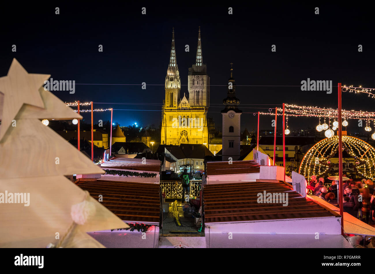 Zagreb Advent at night, view to Zagreb Cathedral Stock Photo