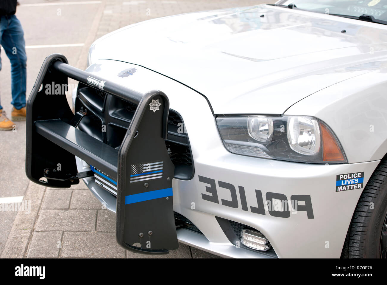 Police chase car equipped with a setina push bumper Stock Photo