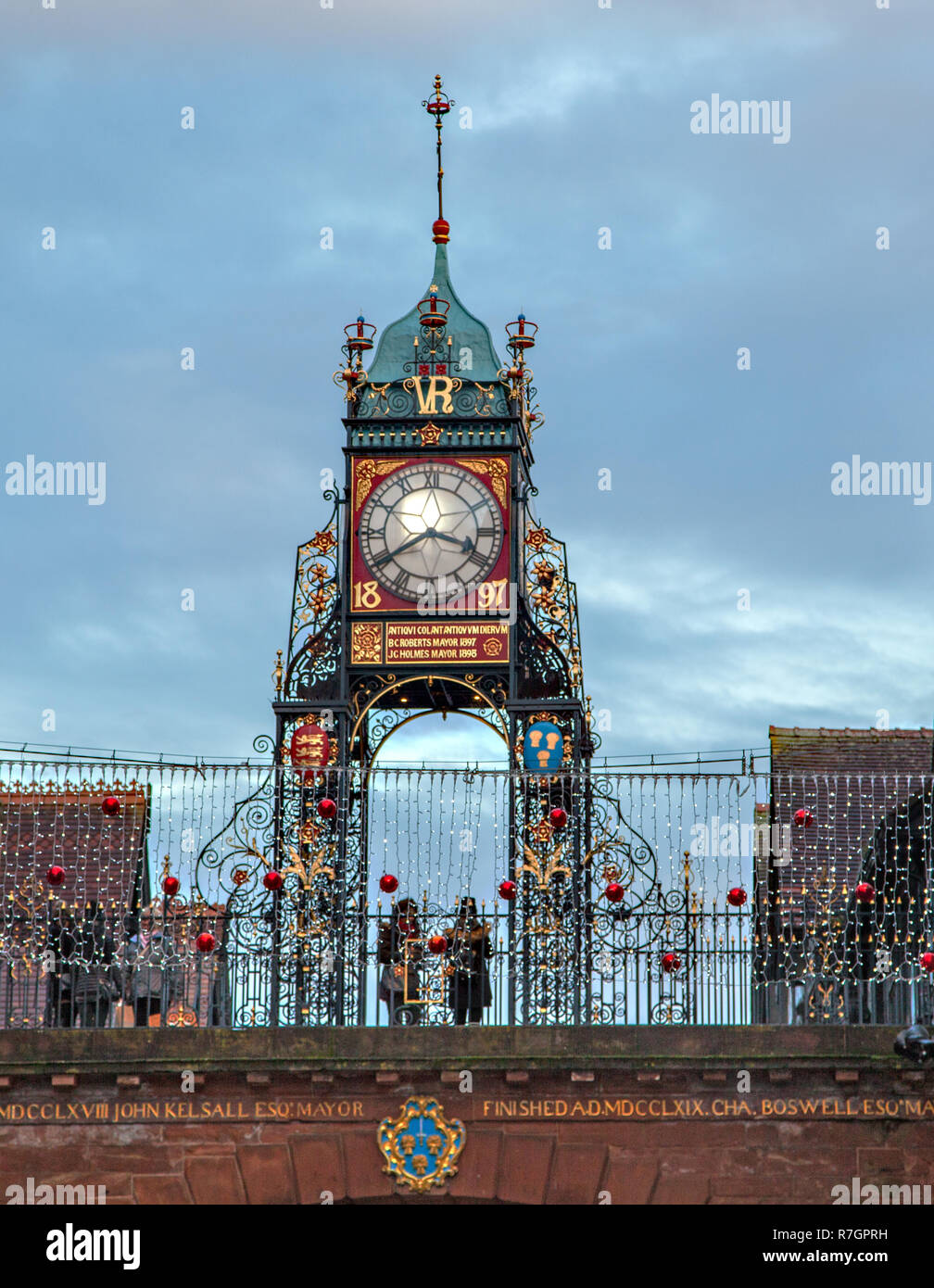 Eastgate Clock and  tower standing on the cities Roman  walls erected  in 1897 in the Cheshire city of Chester England now a grade 1 listed building Stock Photo