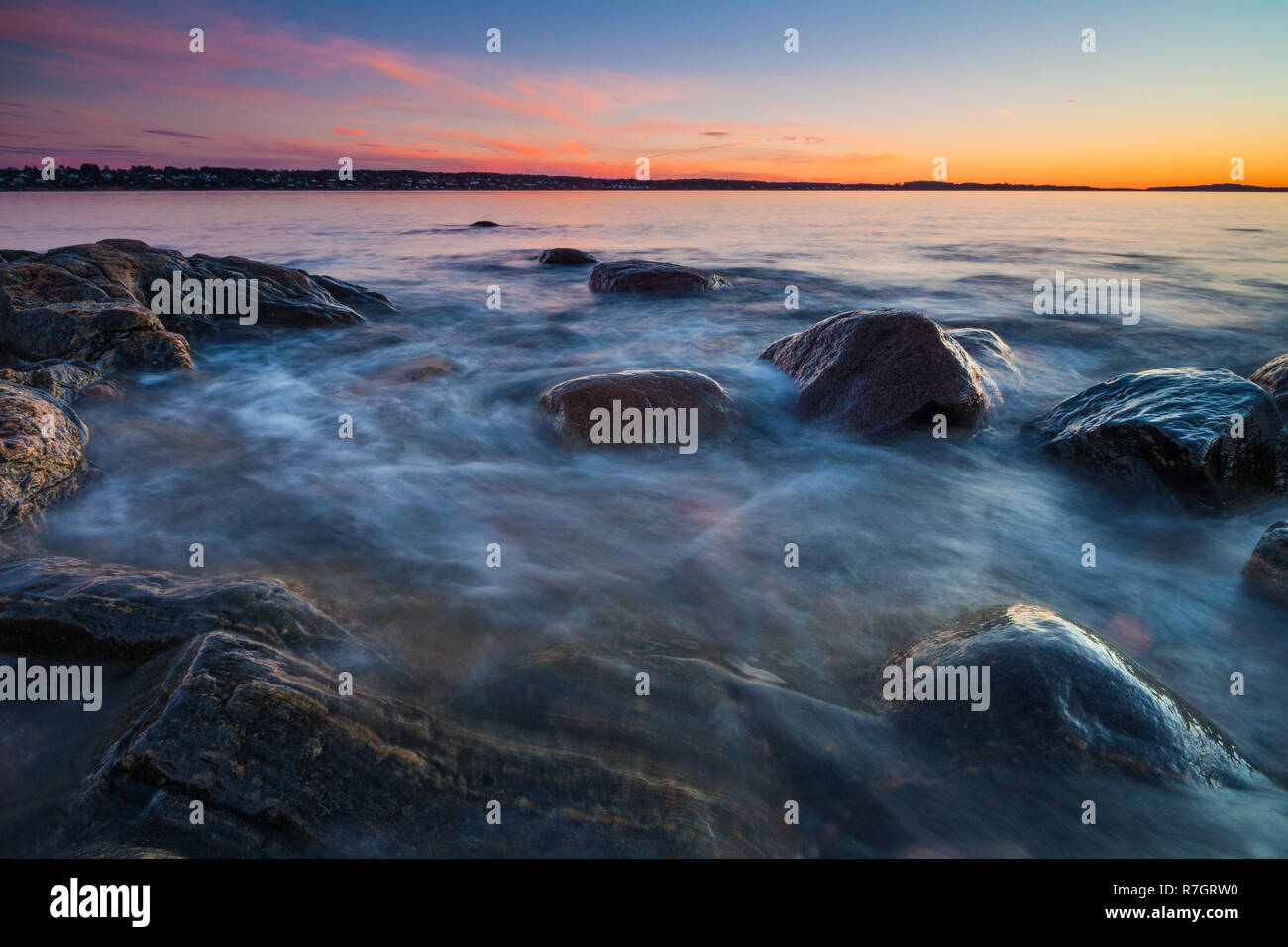 Beautiful December evening by the Oslofjord at Oven, Østfold, Norway. Stock Photo