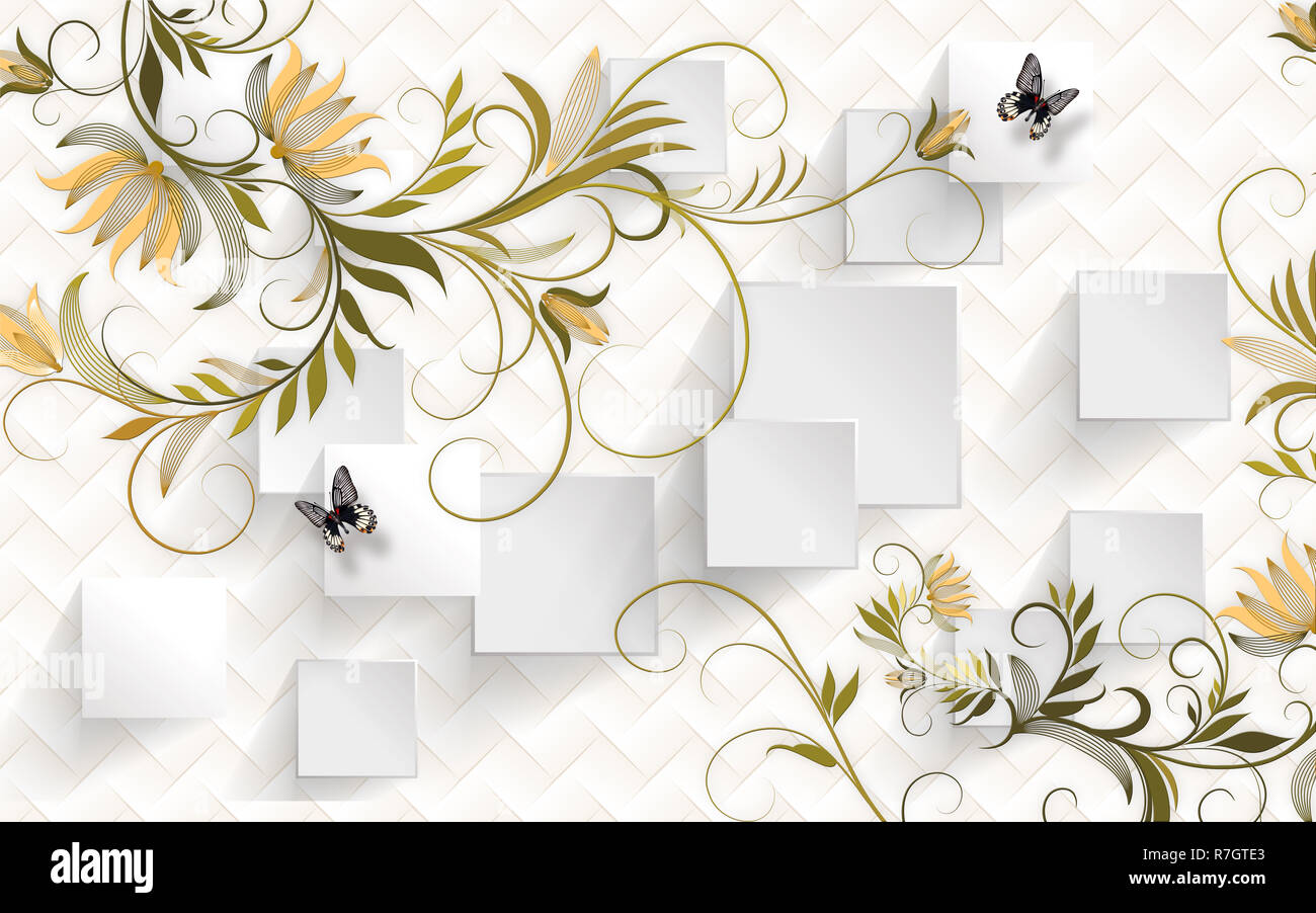 Floral Ornamental Background With Butterflies 3d Wallpaper Stock Photo Alamy
