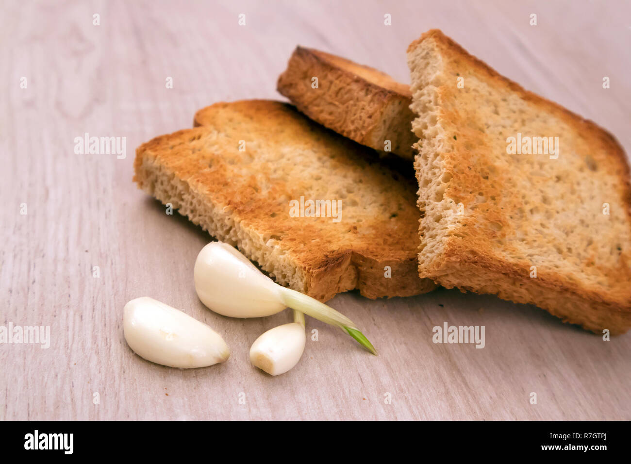 Toasted bread slices with appetite crispy crust and few garlic cloves on wooden board Stock Photo