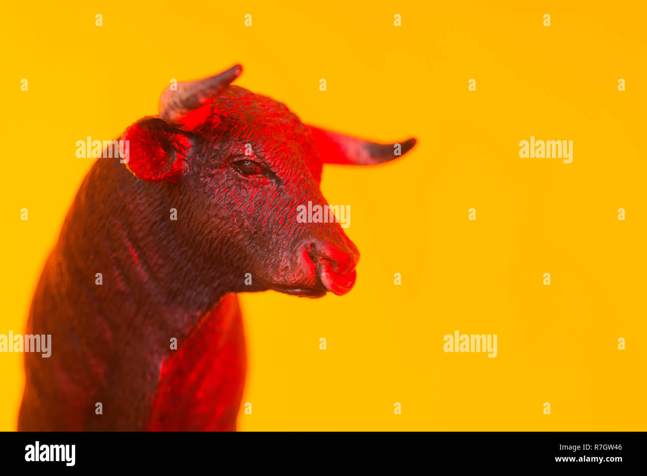 Toy bull against orange-yellow glowing sunset type backdrop. Metaphor for 'confidence' and Stock Market bulls, bullishness. See ADD. DETAILS NOTE Stock Photo