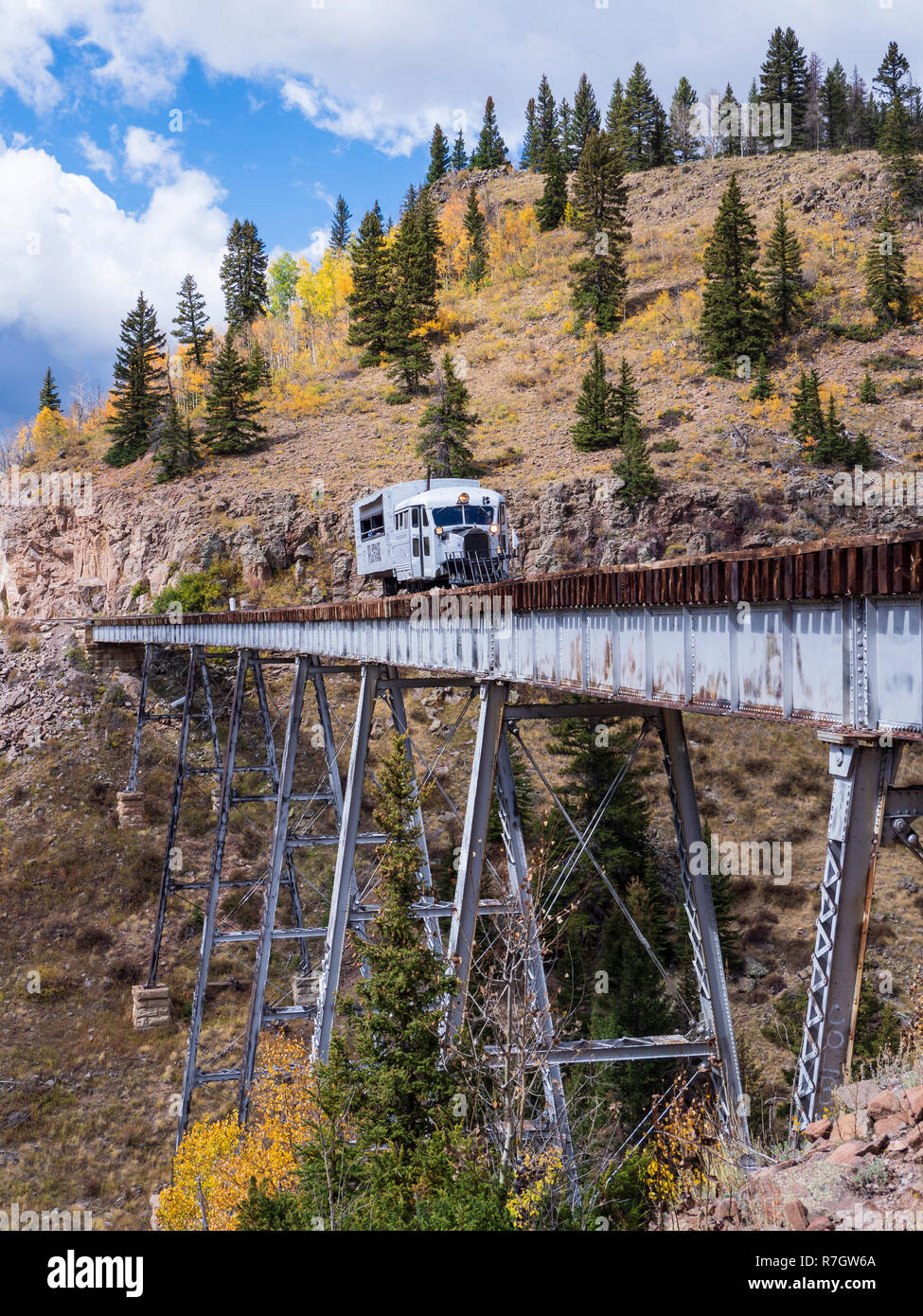 Galloping Goose crosses the Cascade Trestle, Cumbres & Toltec Scenic