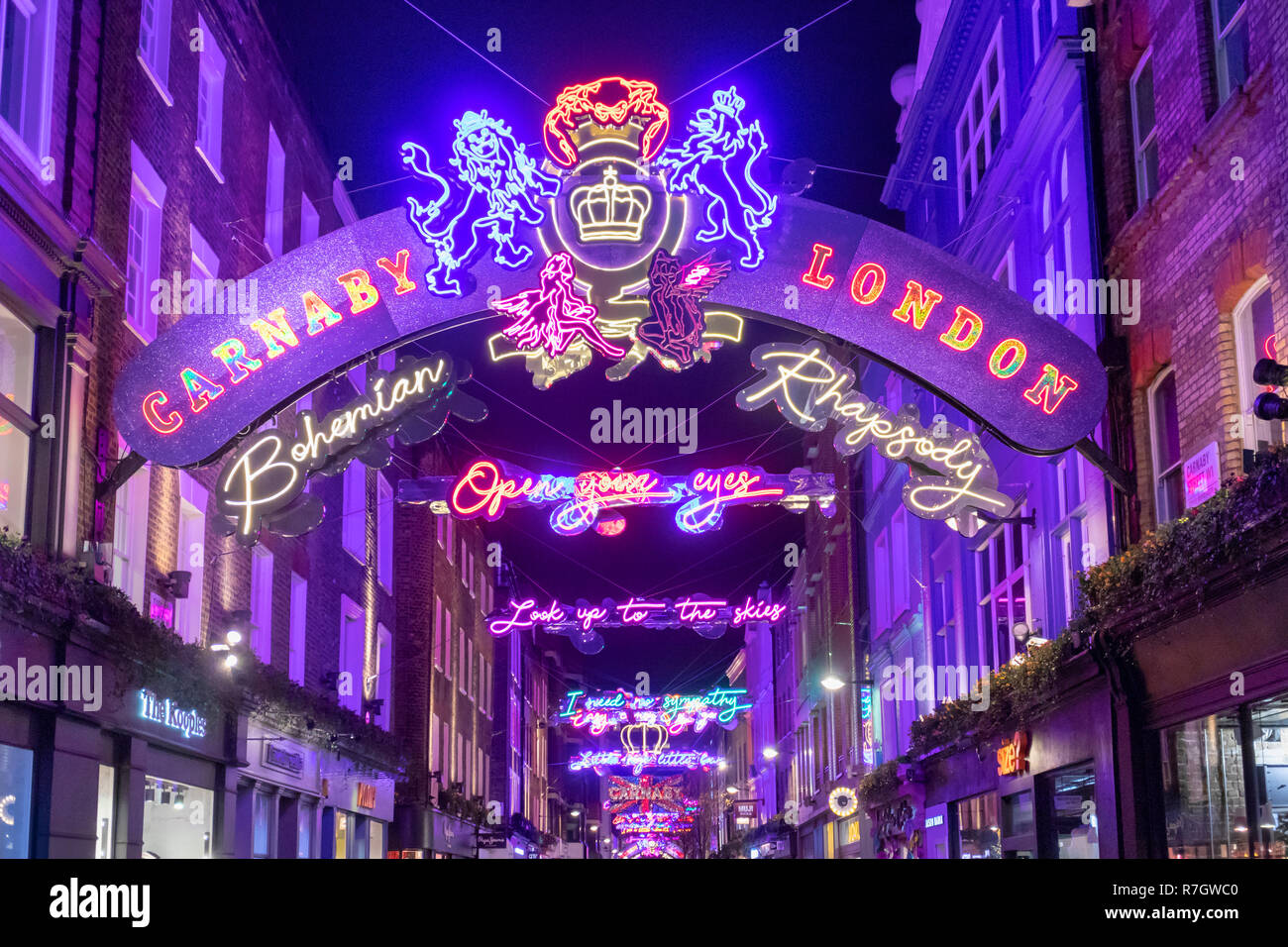 Carnaby Street Christmas lights, Queen Bohemian Rhapsody theme Stock