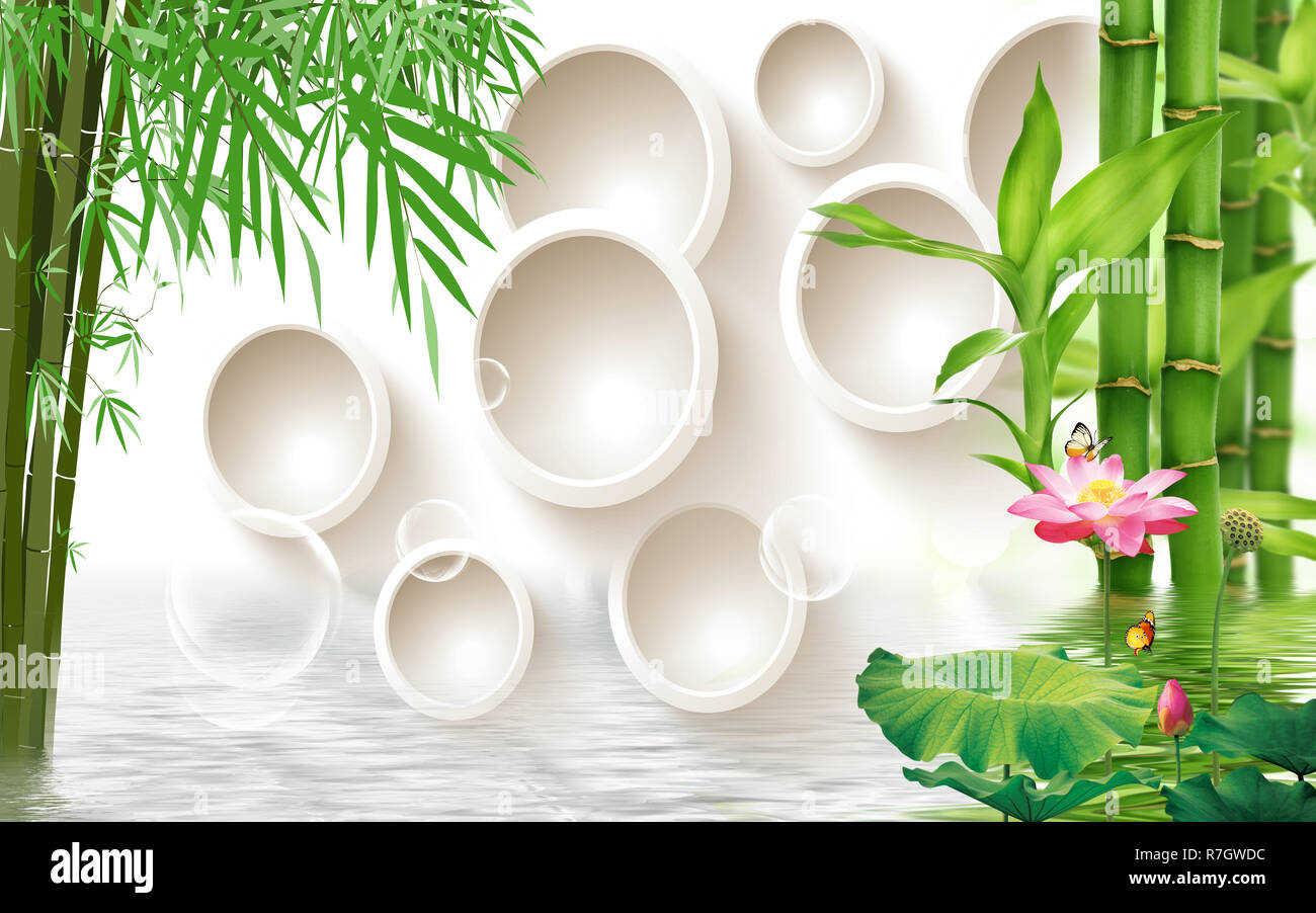 Green bamboo and flower over a lake with decorative background 3D ...