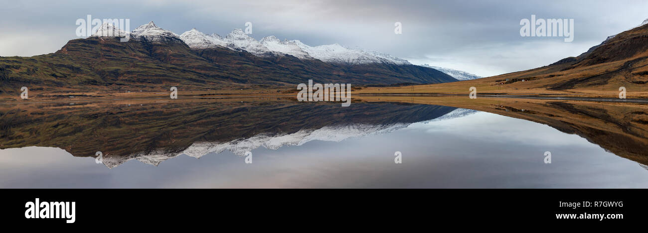 Mountain reflections in Berufjordur, eastern fjords in Iceland Stock Photo