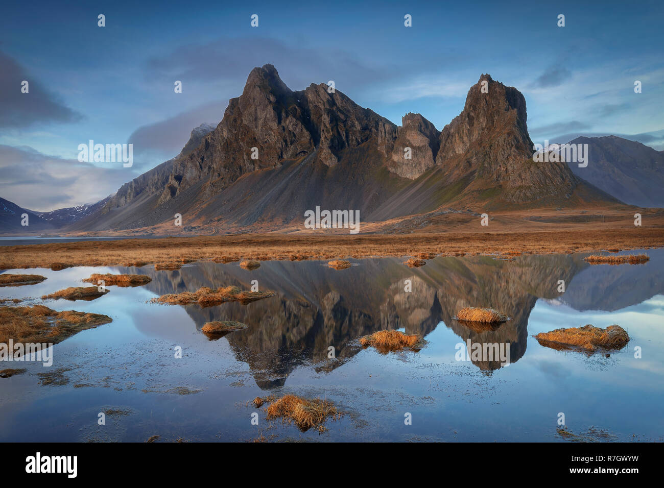 Eystrahorn mountains from Hvalnes lighthouse in Iceland Stock Photo