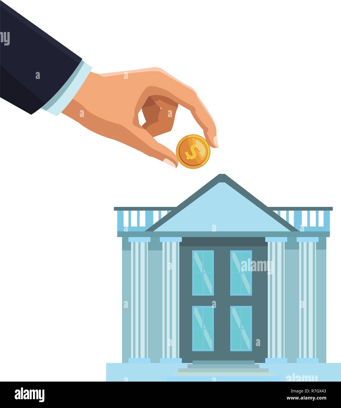 businessman hand depositing coin in bank building Stock Vector Image