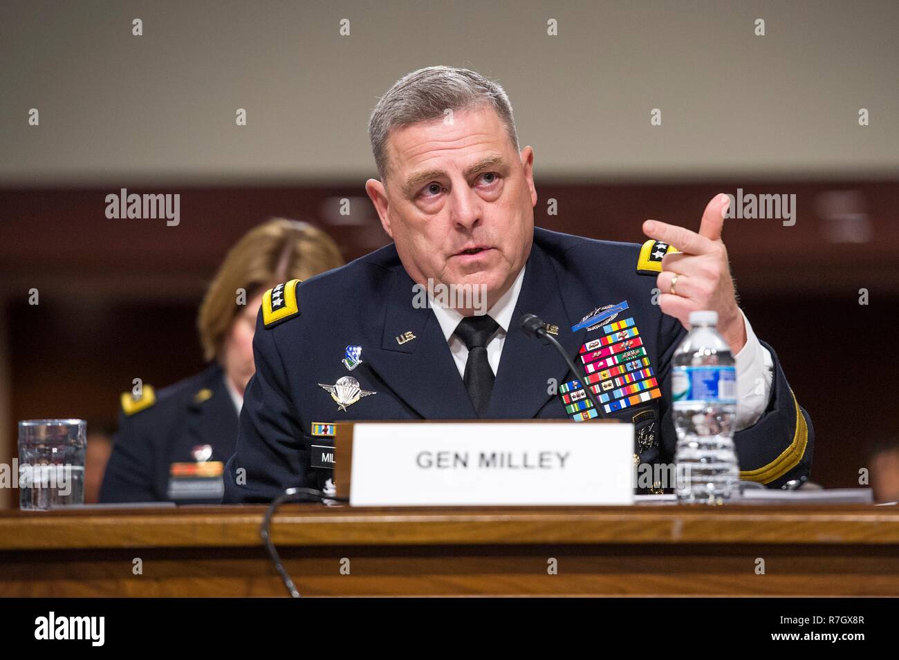 U.S. Army Chief of Staff Gen. Mark Milley testifies at the Senate Armed Service Committee hearing on Army Posture in the Dirksen Office Building on Capitol Hill April 7, 2016 in Washington, DC. Milley was chosen by President Donald Trump on December 8, 2018 to be the next Chairman of the Joint Chiefs. Stock Photo