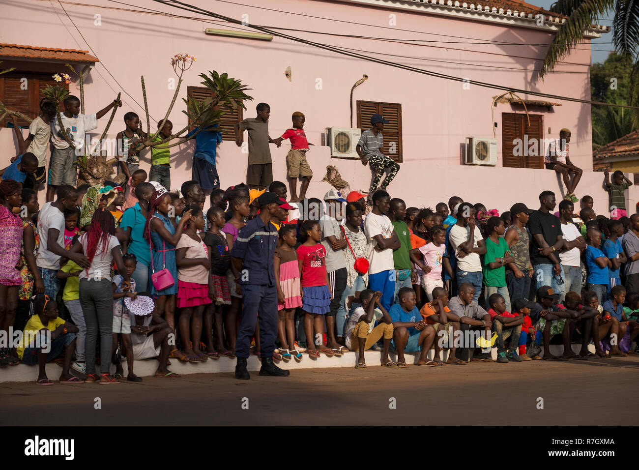 Bissau, Republic of Guinea-Bissau - February 12, 2018: Crowd watching the parades during the Carnival Celebrations in the city of Bisssau. Stock Photo