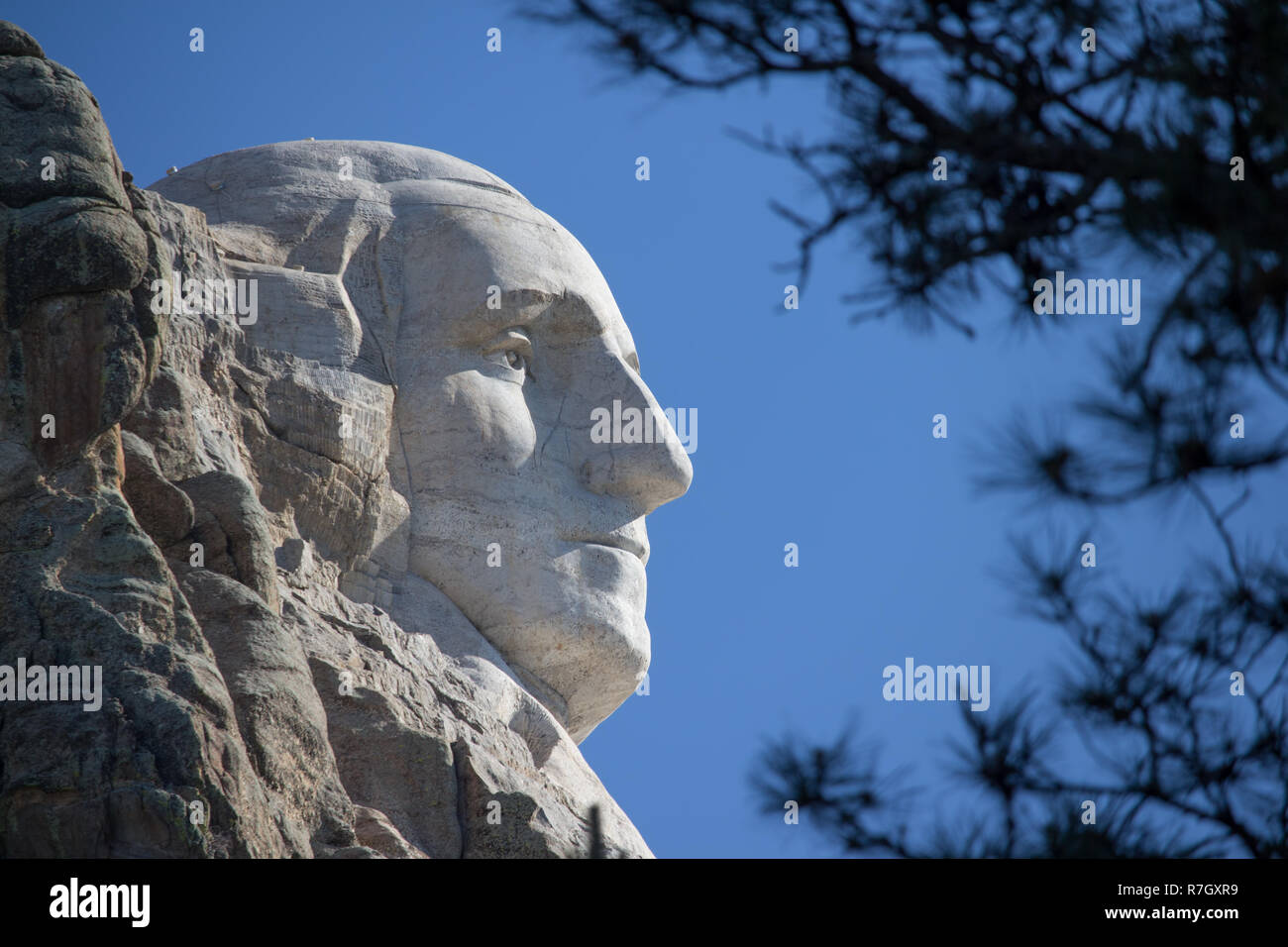 A profile view of George Washington's face on Mount Rushmore in South Dakota. Stock Photo