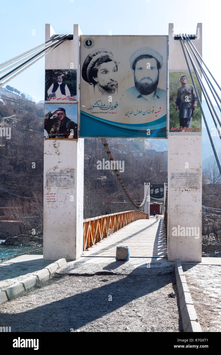 Suspended Bridge Crossing Panjshir River Towards Salang Village With Commander Massoud's Portrait, Panjshir Valley, Panjshir Province, Afghanistan Stock Photo