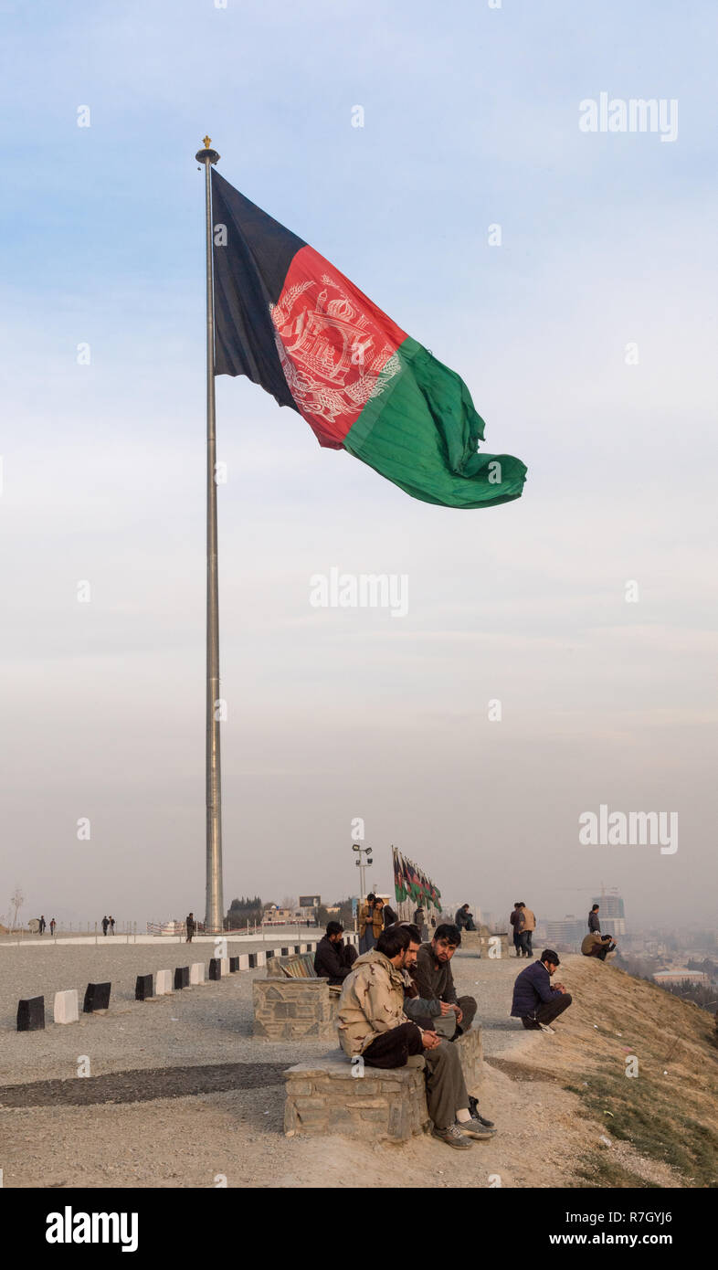 Giant Afghan Flag on top of Bibi Mahro Hill where Locals Meet to Admire the View, Kabul, Kabul Province, Afghanistan Stock Photo