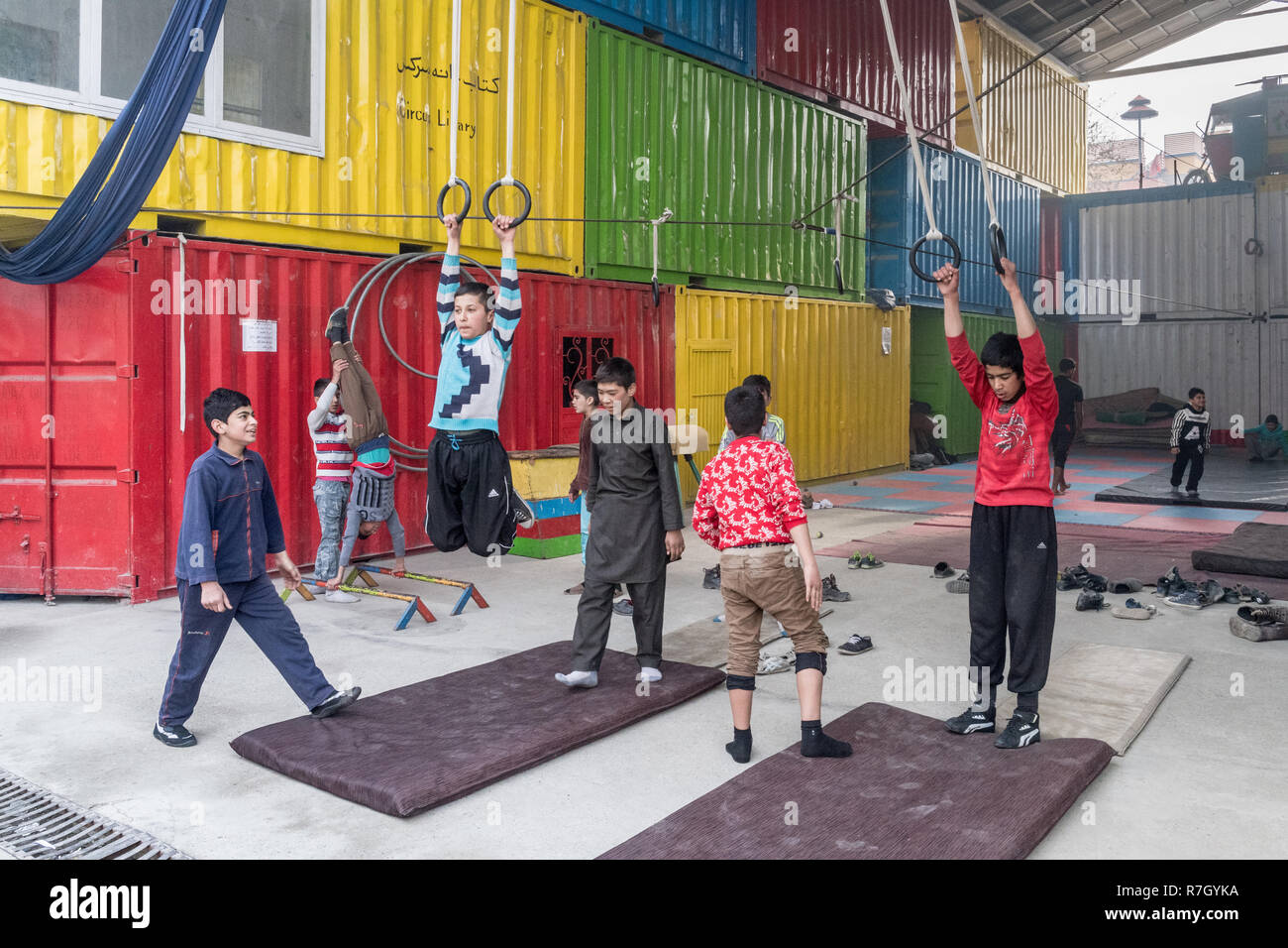 Boys Training At Mobile Mini Circus for Children, an NGO Initiative, Kabul, Kabul Province, Afghanistan Stock Photo